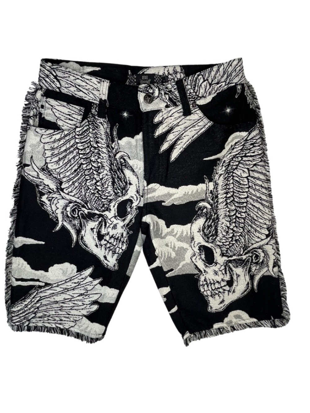 Rebel Spirit Black White Skull Wing Gothic Jacquard Shorts Men’s Medium Y2K Punk